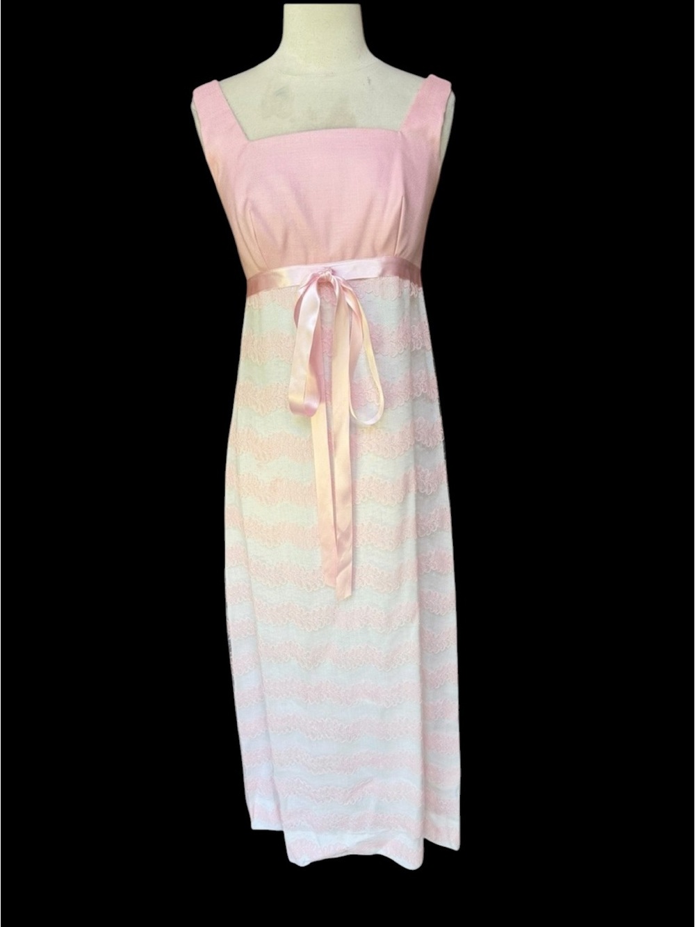 Deadstock w/o Tag 1960s Linen Blend Empire Waist White & Pink Maxi‎ Gown